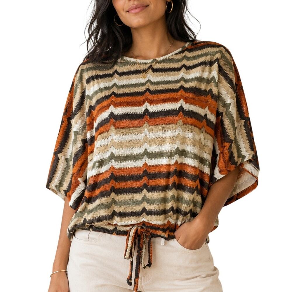 Zara Trafaluc Chevron Knit Tie Front Dolman Sleeve Top Small Boho Autumn